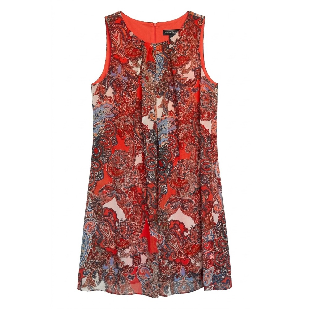 Coral Paisley Sleeveless Shift Dress Petite 14P Pleated Neck Career Office - Picture 3 of 7